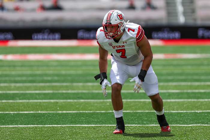 Utah Utes sophomore defensive end Van Fillinger (7) prepares to rush the quarter back in the first half of the Utah Spring Football Game at Rice Eccles Stadium.